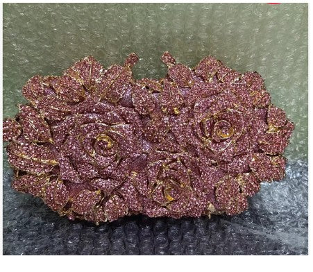 Golden Silver Luxury Crystals Evening Bags Fashion Rose Flower Diamonds Clutch Bags Soiree Purse Women Wedding Bride Handbags
