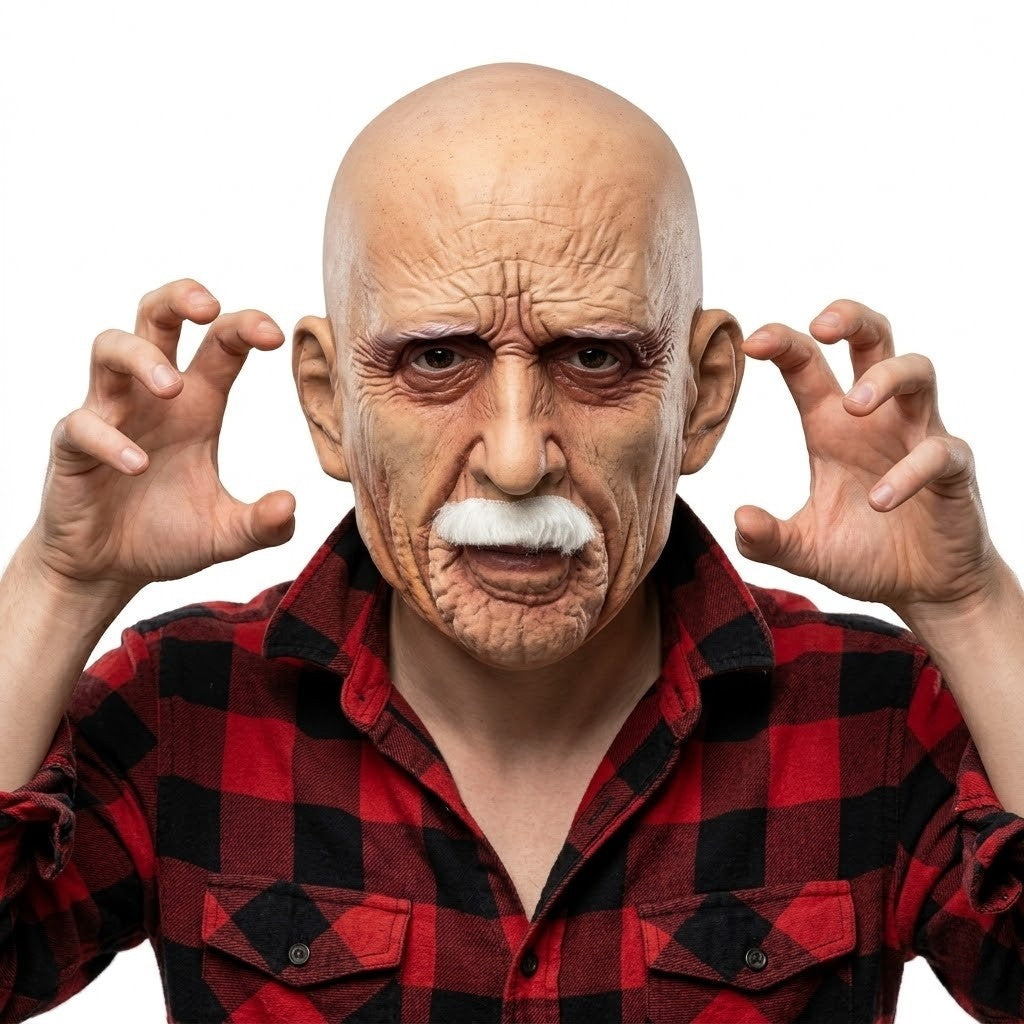 Realistic Full Head Latex Mask with Beard for Men Halloween Costume Party Prop Old Man Cosplay Headgear
