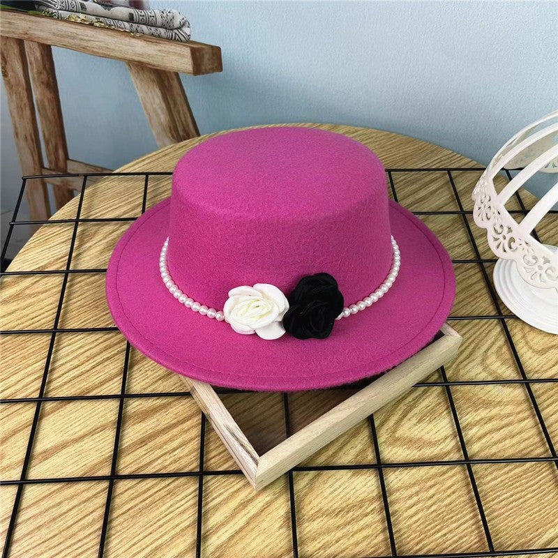 Chapéu Fedora Feminino Corrente Floral Alta Costura com Alfinetes de Pérola Boné em Relevo Preto Branco Outono Inverno Chapéu de Aba Larga para Meninas