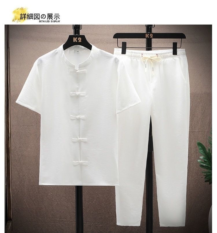Summer New Fashion Solid Color Breathable Cotton and Linen Suit Men's Leisure Loose Sports Large Size High-Grade Two-Piece Set
