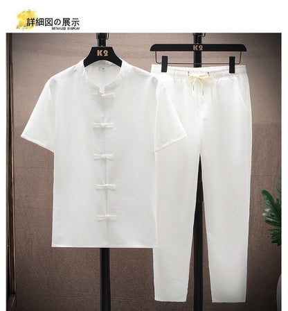 Summer New Fashion Solid Color Breathable Cotton and Linen Suit Men's Leisure Loose Sports Large Size High-Grade Two-Piece Set