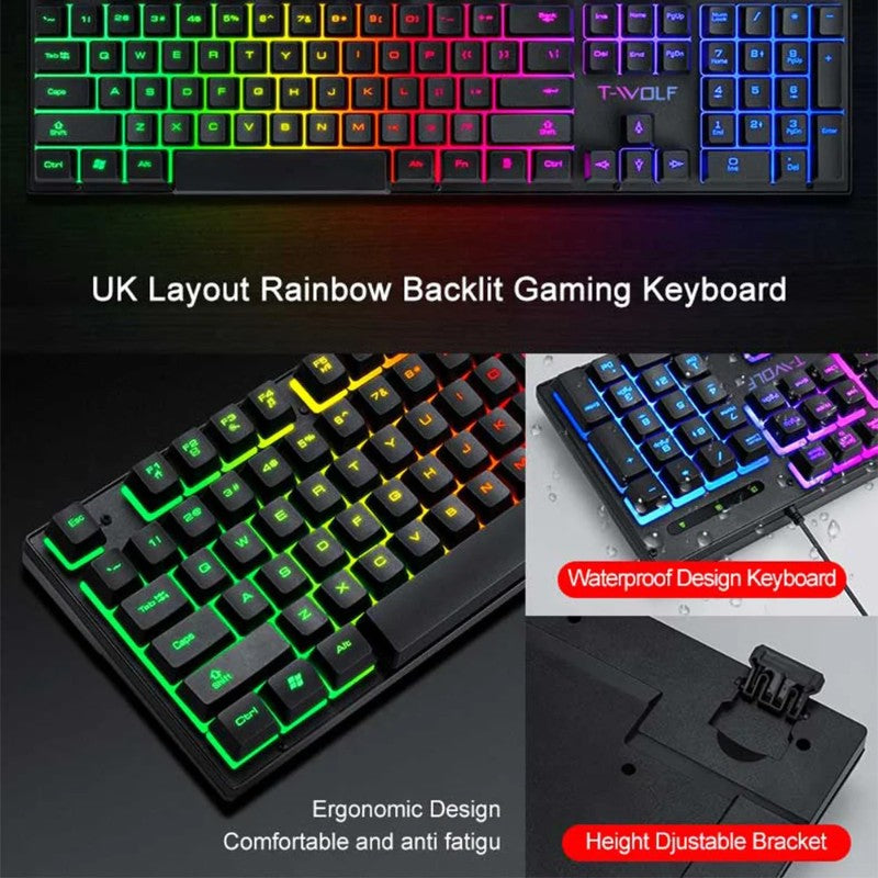 Teclado e Mouse Com Fio TF31 Conjunto Retroiluminado RGB Impermeável Luminoso Teclado de 104 Teclas Mouse com DPI Ajustável e Mouse Pad de Brinde