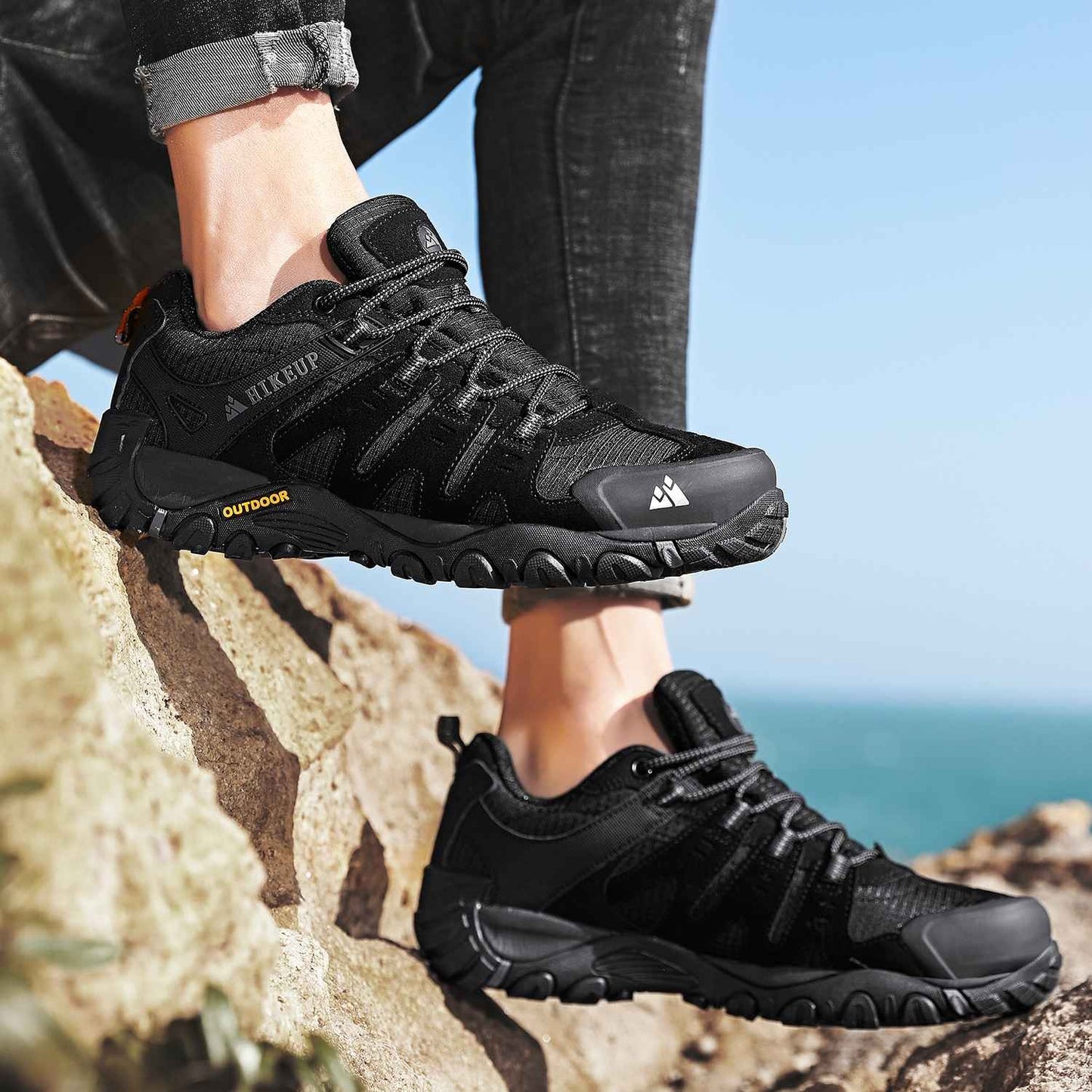 HIKEUP Tênis Masculino de Caminhada em Couro Camurça, Calçados Outdoor Resistentes ao Desgaste Masculinos para Trekking, Caminhada, Caça e Tênis Táticos