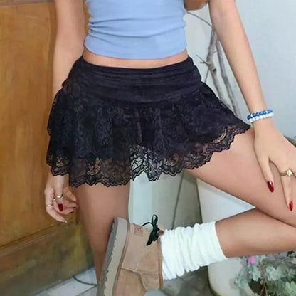 Lace Tulle Skirt A-line Miniskirt Black Solid Low Waist Tiered Lace Shorts Skirts Womens White Fairycore Micro Boho Skirt
