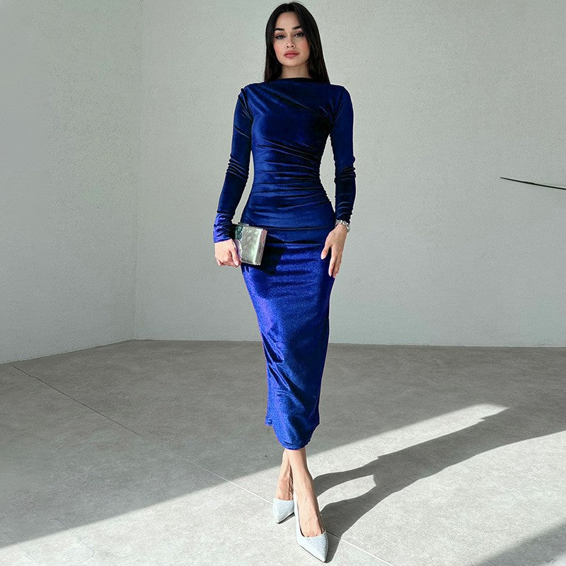 Dulzura 2024 Spring Summer Velvet Long Sleeve Midi Dress For Women Ruched Long D