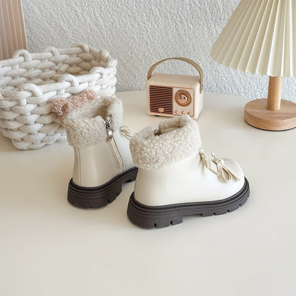 Girls Padded Fashion Leather Boots 2-18 Years Old Thickened Bow Hairy Girls Cotton Shoes Winter Beige Soft Non-slip Kids Boots