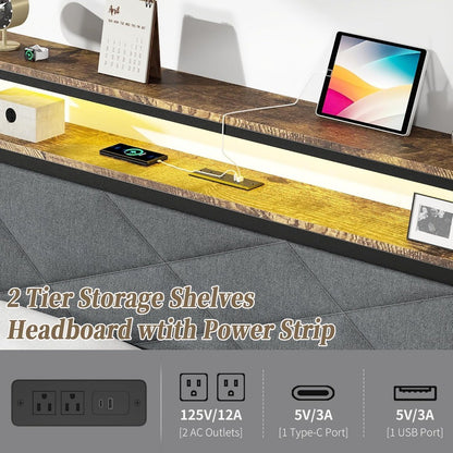 Bed Frame with LED Headboard & Built-in USB Charging Station,Linen Upholstered Backrest Metal Bed with Shelves,Under Bed Storage
