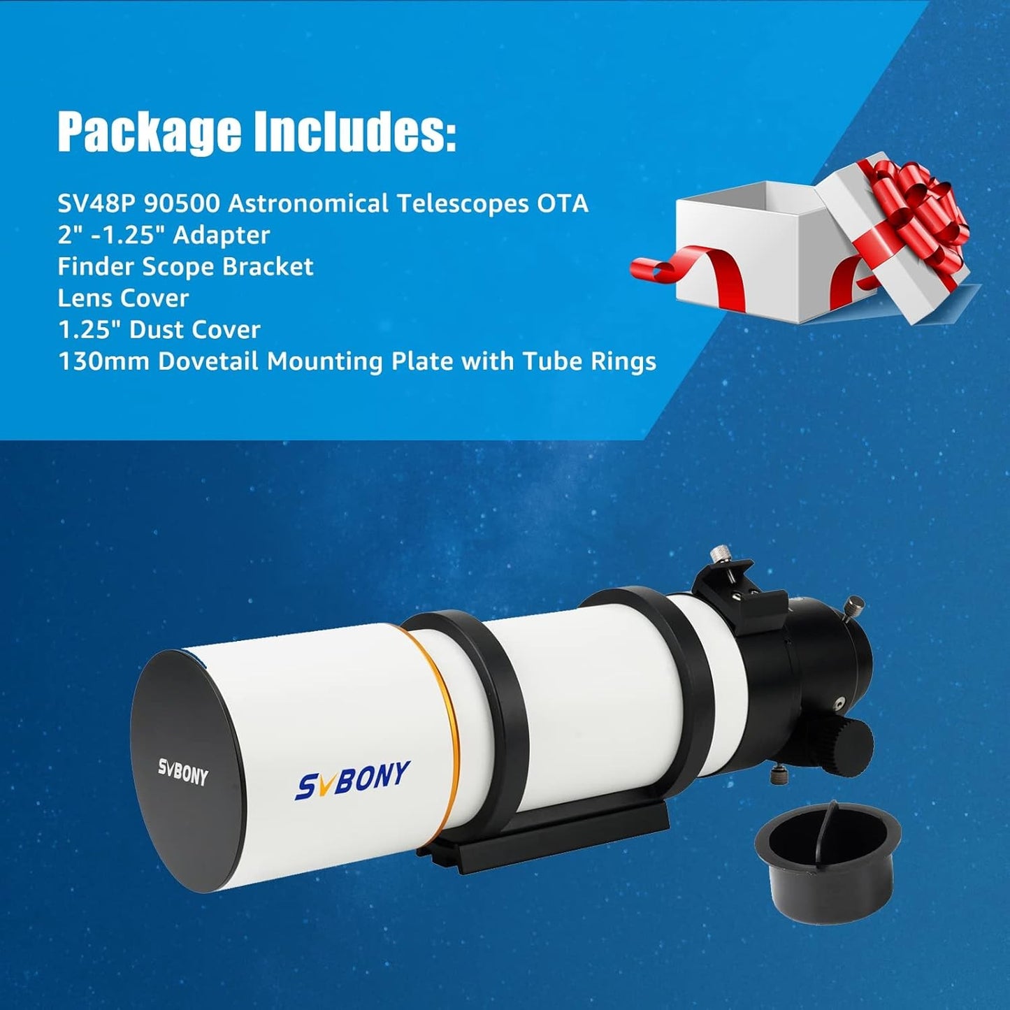 Telescópio Astronômico Refrator Svbony SV48P 90/102mm Abertura OTA com Focador de Duas Velocidades para Astrofotografia de Céu Profundo