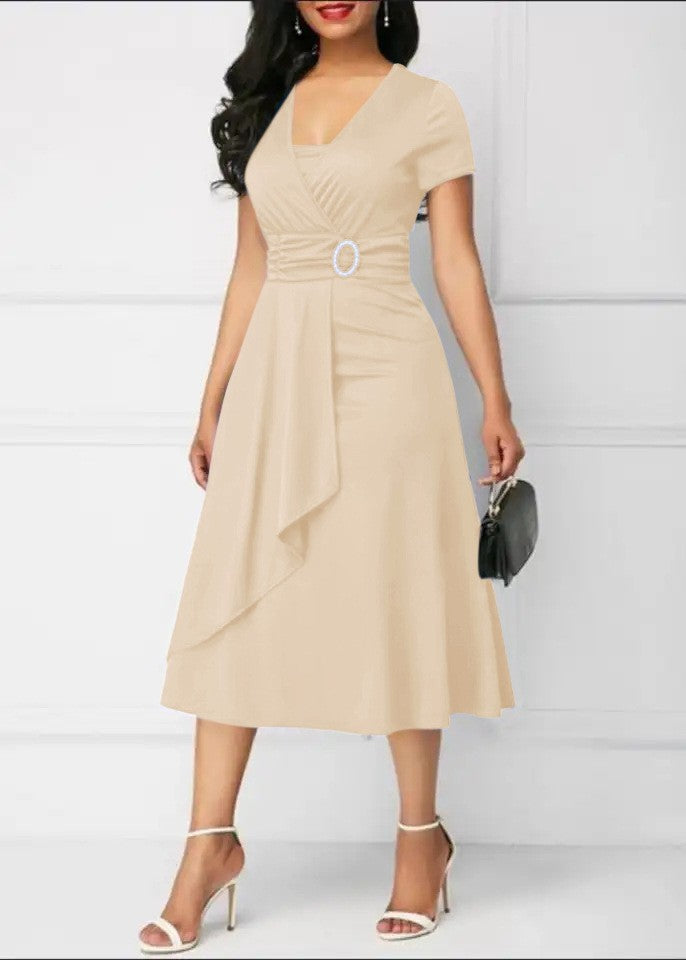 Summer Dresses Elegant Women Solid Color Short Sleeve V Neck Asymmetric Hem Wais