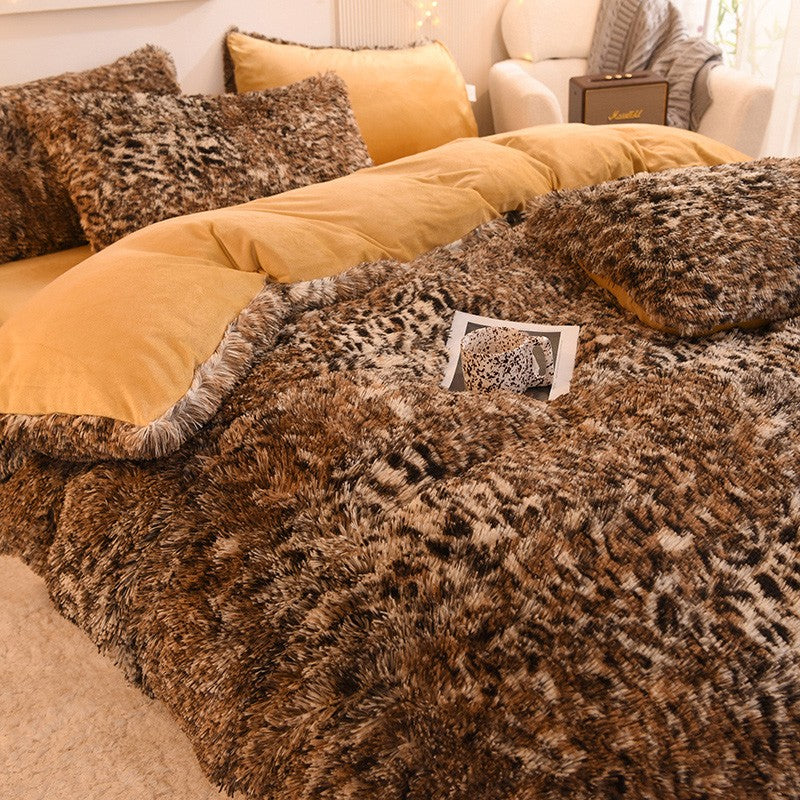 3pcs Luxurious Leopard Print Faux Fur Plush Duvet Cover Set - Ultra-Soft, Warm, and Fluffy Shaggy Design with Zipper Closure - I