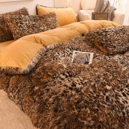 3pcs Luxurious Leopard Print Faux Fur Plush Duvet Cover Set - Ultra-Soft, Warm, and Fluffy Shaggy Design with Zipper Closure - I