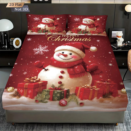 Jogo de Cama Estampado Boneco de Neve de Natal Vermelho de 3 Peças sem Chip, Vários Tamanhos, Capa de Cama Macia, Decoração para Quarto, Lavável à Máquina