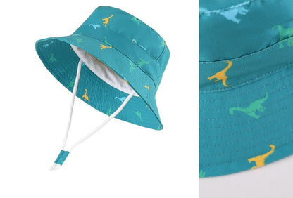 Sun Protection Hat for Kids Toddler Boys Girls Dinosaur Wide Brim Summer outdoor hat Cotton Baby Bucket Hat with Chin Strap