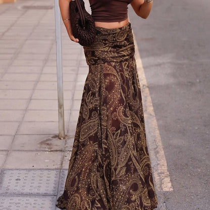 Irregular Printed Big Swing Long Skirts for Women High Waist Buttock Cover A-Line Maxi Skirt Female Vintage Bottom Clothes