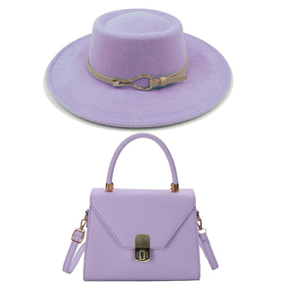 Acessórios femininos de fivela de couro metal com chapéu de feltro de pele com top côncavo e convexo, chapéu fedora e conjunto de bolsa combinando, estilo retrô