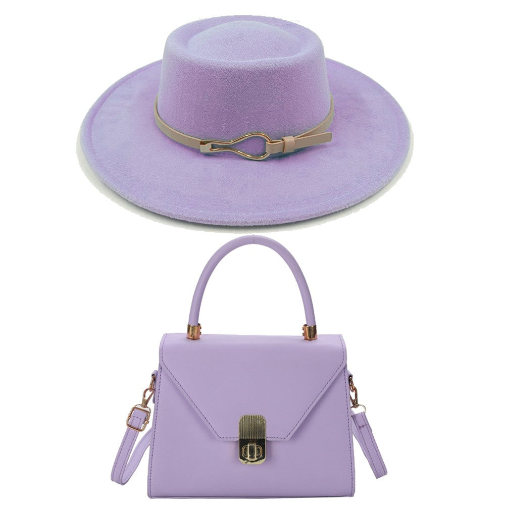 Acessórios femininos de fivela de couro metal com chapéu de feltro de pele com top côncavo e convexo, chapéu fedora e conjunto de bolsa combinando, estilo retrô