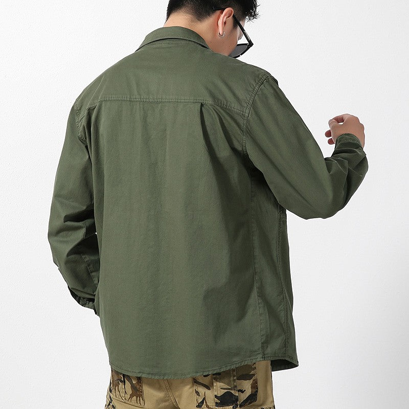 Men Slim Fit Turn-Down Collar Loose Cargo Shrit Spring Autumn Casual Wash Cotton Safari Style Jacket with Multiple Pockets Coat