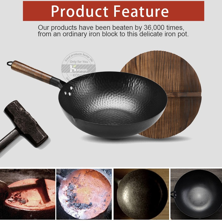Panela Wok de Ferro Puro Konco, Panela de Ferro Fundido Antiaderente, Uso Geral para Fogão a Gás e Indução 32cm
