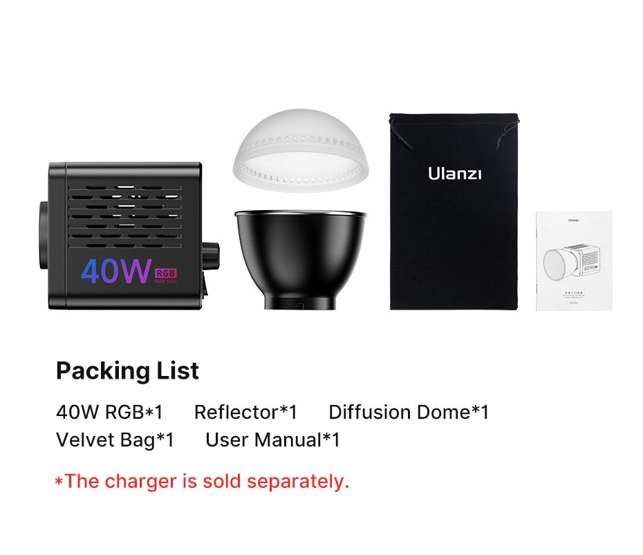 Ulanzi L024 Luz de Vídeo RGB 40W 2500-6500K Bicolor 0-359° Luz COB RGB Mini Montagem Bowens Luz de Preenchimento 3400mAh Luz COB