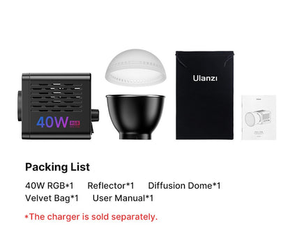 Ulanzi L024 Luz de Vídeo RGB 40W 2500-6500K Bicolor 0-359° Luz COB RGB Mini Montagem Bowens Luz de Preenchimento 3400mAh Luz COB
