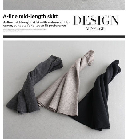 Autumn Winter Women's Mid-Length Knitted Pleated Skirt High Waist A-Line Long Skirt Loose Fuzzy Wool Skirt Double ket
