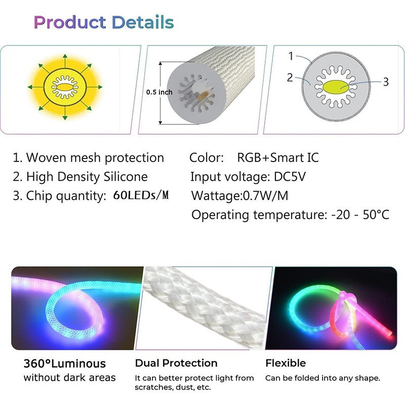 360 Degree Round Reticulate Neon LED Strip with Remote Control,RGBIC Nylon Flexible Dream Colorful Rope Light For Bedroom Living