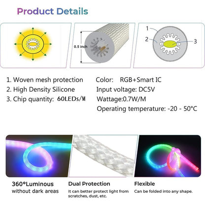 360 Degree Round Reticulate Neon LED Strip with Remote Control,RGBIC Nylon Flexible Dream Colorful Rope Light For Bedroom Living