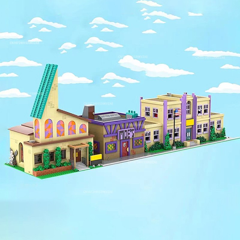 MOC Simpsonized Modular Taberna do Moe Blocos de Construção Casa da Cidade Escola Primária de Springfield Arquitetura Skyline Tijolos Brinquedos