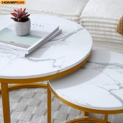 2Pcs Coffee Table Round 2 in 1 End Side Table Desk Nordic Marble Glass Home Sofa Tables Living Room Luxury Side Tables 60CM