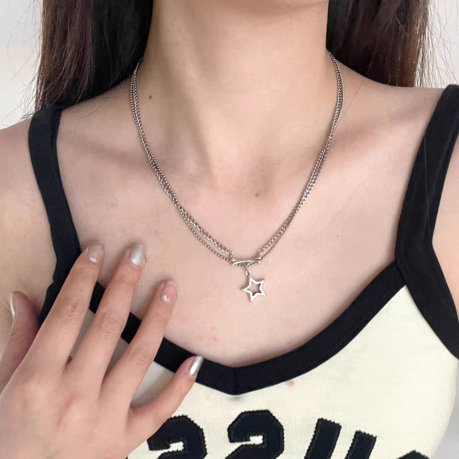 Colar de corrente com pingente de estrela prateado Kpop Gótico para mulheres, homens, Egirl, Y2K, Legal, EMO, Punk, Estética Grunge, Presentes
