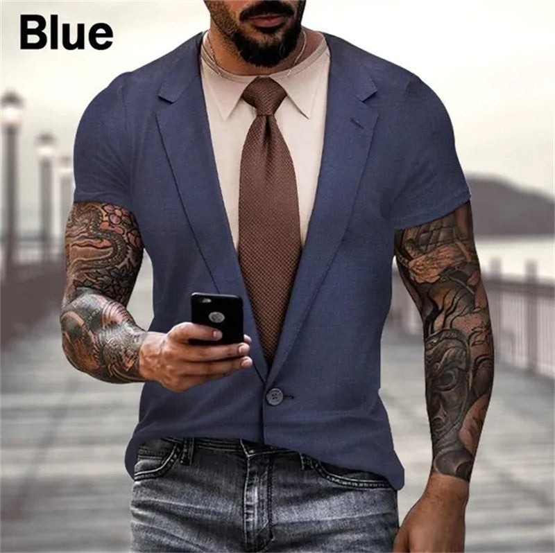 Mens Summer Fashion 3D Printed T-shirts Funny Fake Suit Cosplay Short Sleeve Cas