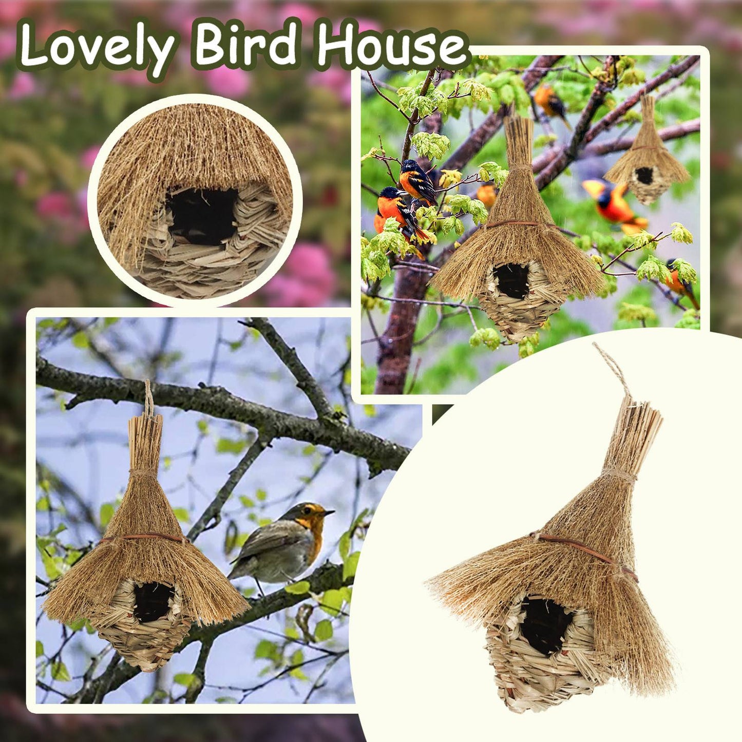 Ninhos de beija-flor de palha de capim natural trançados à mão, casas decorativas para ambientes externos, acessórios para quarto de animal de estimação, jardim, pátio e gramado