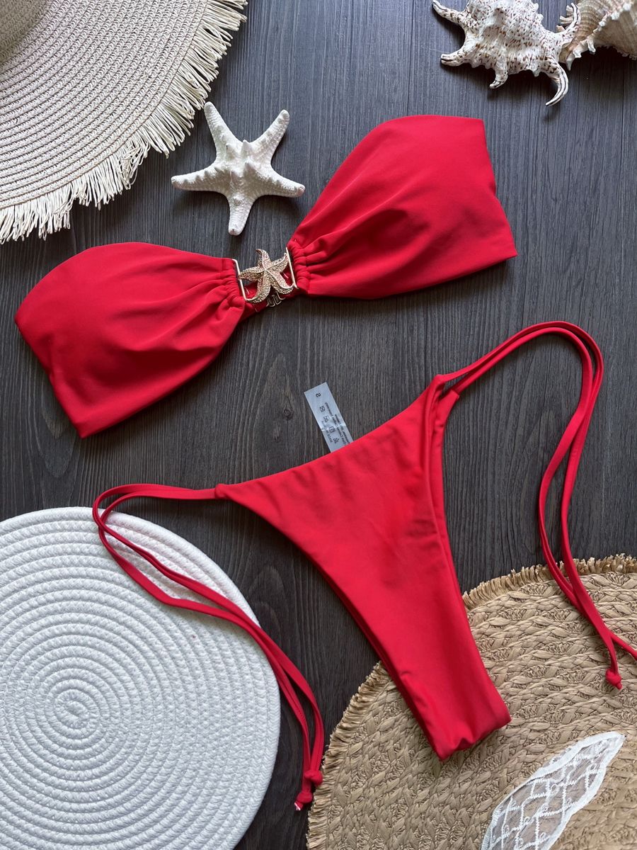 Para Praia 2025 Sexy Push Up Bikini Women Swimwear Metal Starfish Bandeau Thong Bikini Brazilian Swimsuit Female Bathing Suit