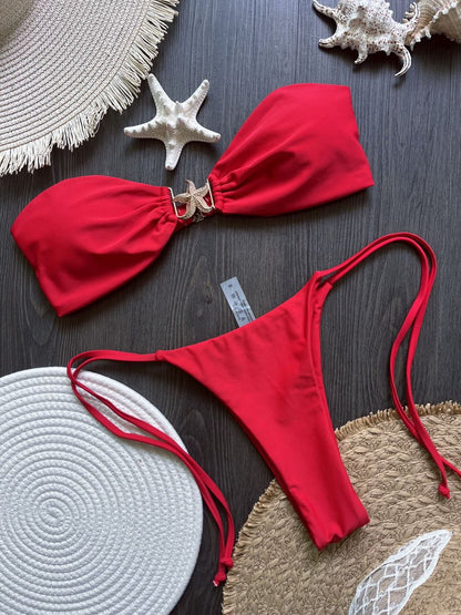 Para Praia 2025 Sexy Push Up Bikini Women Swimwear Metal Starfish Bandeau Thong Bikini Brazilian Swimsuit Female Bathing Suit