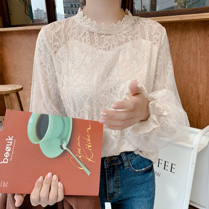 Mesh Lace Women Blouse Fashion Office Lady Long Sleeve Elegant Shirts Casual Loose Sweet Tops