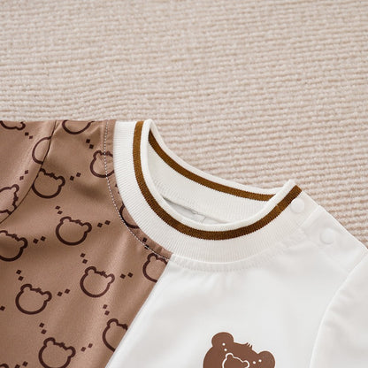 Roupas de Recém-Nascido Macacão de Ursinho de Pelúcia Desenho Animado Patchwork Confortável e Macio Verão Meninos e Meninas 0-18 Macacão de Bebê Manga Curta