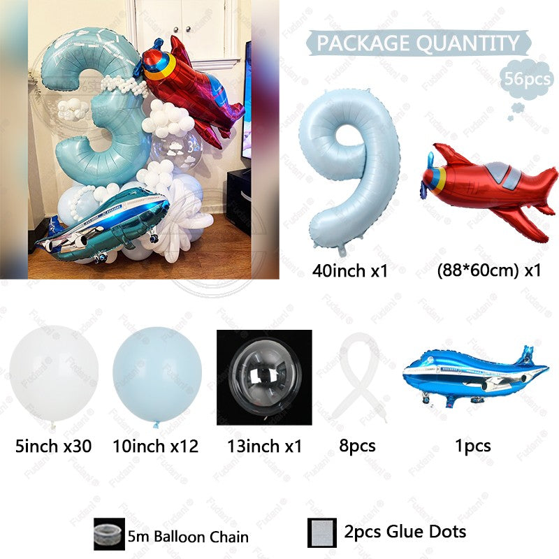 56Pcs Airplane Themed Blue Digital Balloon Set 1-9 Birthday Party Decoration baby Shower Globos Gift Shooting Props
