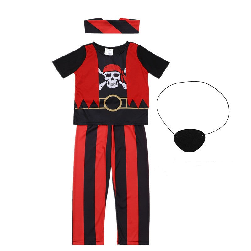 Kids Pirate Halloween Costume Striped Captain Outfit with Skull Print Eye Mask for Boys Party Performance Caribbean Theme