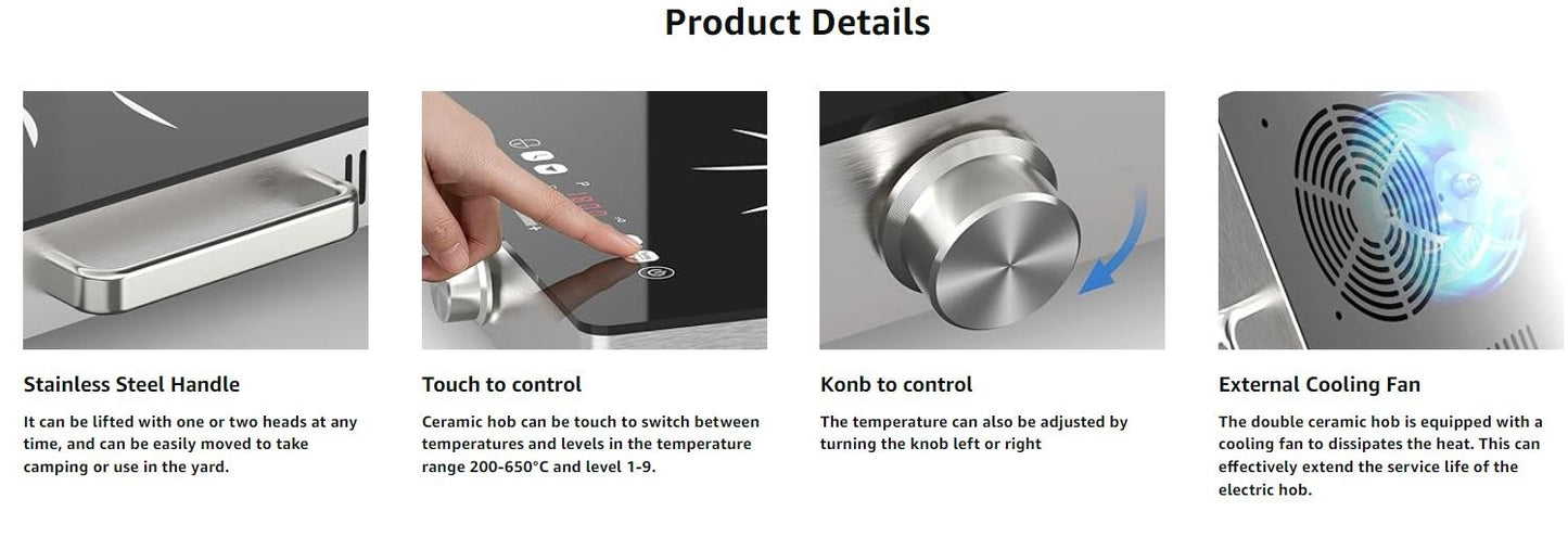 Karinear Ceramic Hob 2 Zones, 3200W Plug in Electric Hob with Safety Lock, Knobs&Touch Control, 56cm Coutertop Freestanding 240V