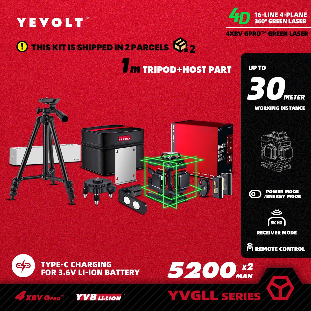 Nível a Laser Verde YEVOLT YVGLL4XS16 Series 4 Planos 16 Linhas Autonivelante 360 3D Ferramentas de Medição de Potência Horizontal e Vertical