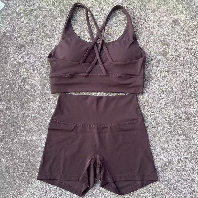 Yoga Shorts Set Gym Sports Set Women Workout Clothes 2 Piece Fitness Suit Cross Straps Bra High Waist Shorts Running Tracksuit