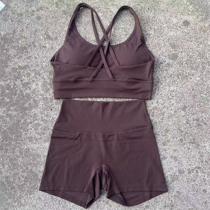 Yoga Shorts Set Gym Sports Set Women Workout Clothes 2 Piece Fitness Suit Cross Straps Bra High Waist Shorts Running Tracksuit