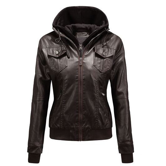 Autumn and Winter Women's Motorcycle Leather Jacket Short Hooded Detachable Hood Jacket Slim Fit Plus Suede Leather Jacket Women