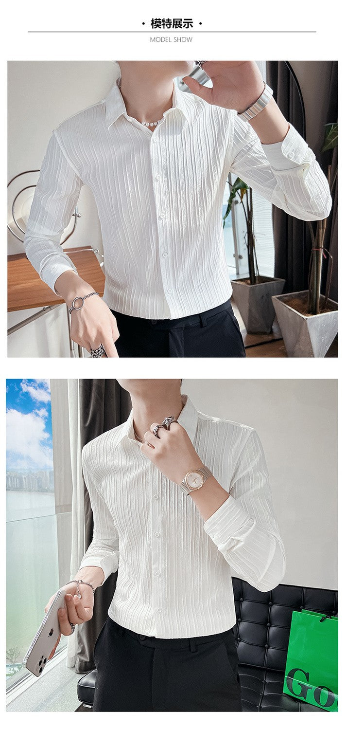 Streetwear Fashion Korean Clothing Solid Shirts Spring Autumn Men Long Sleeve Striped Lapel Single Sockets Business Casual Tops