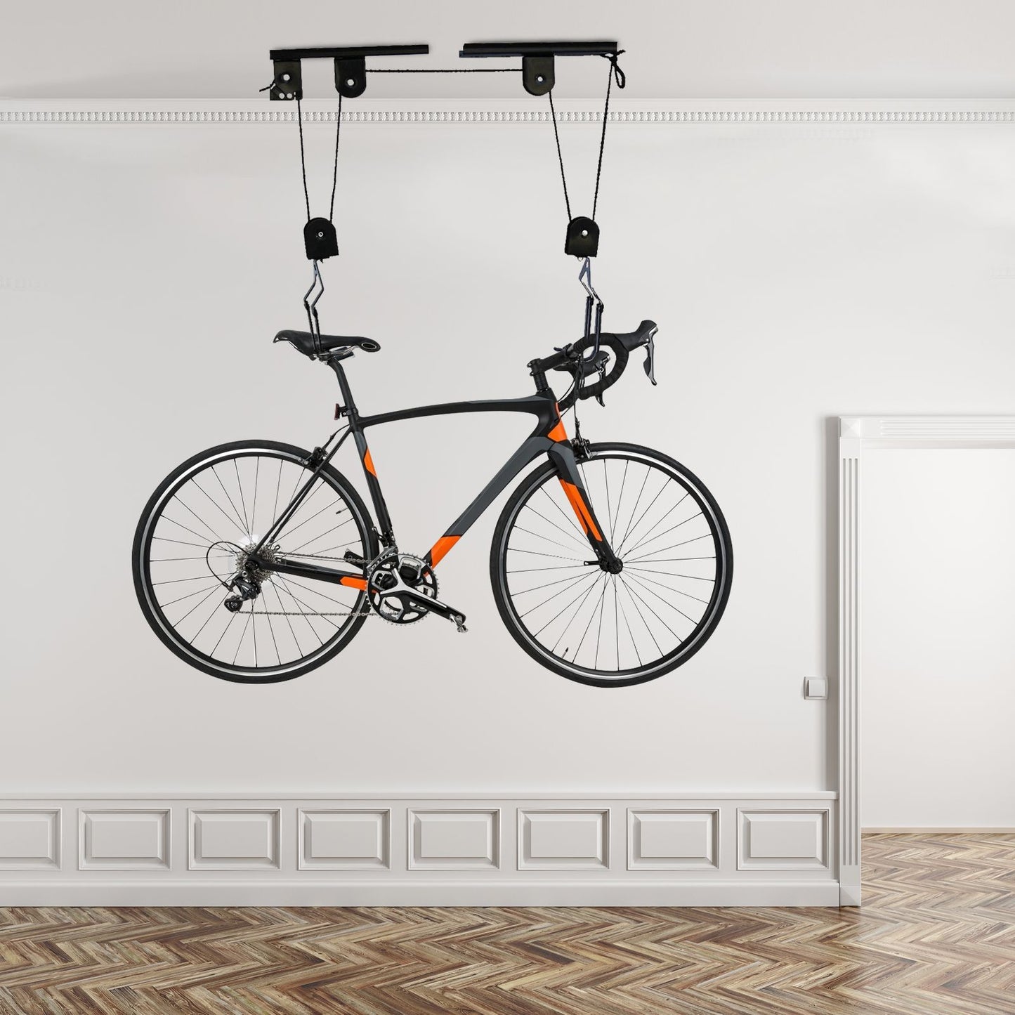 Elevador de bicicleta para teto de garagem, sistema de polias, conjunto de suportes para armazenamento de bicicletas em garagem