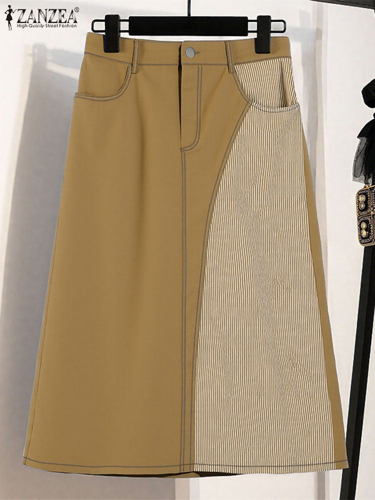 ZANZEA Women Plus Size Skirts High Waist Denim Striped Long Skirt Casual Vintage Big Size Skirt Summer Pockets Fashion Bottoms