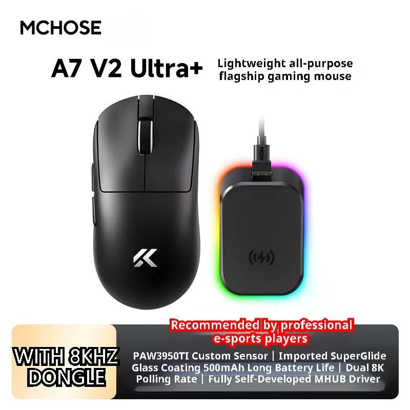MCHOSE A7 Ultra Mouse Gamer Sem Fio Sensor de Alta Precisão Pixart3950 Design Leve Taxa de Polling de 8000Hz Chip Principal Realtek