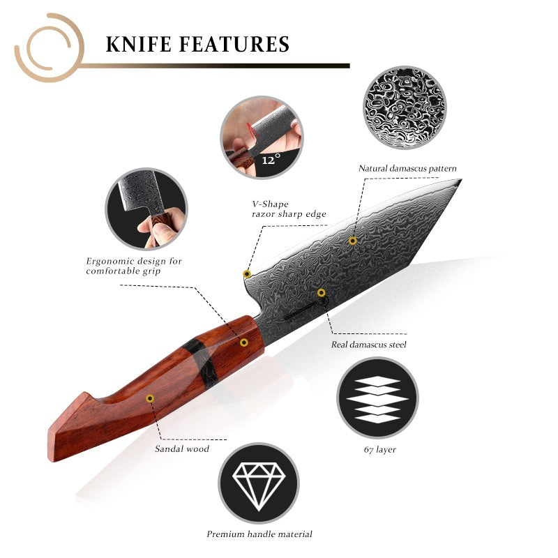 Faca Bunka Grandsharp 5.5'' Damasco 67 Camadas Aço 10Cr15C0Mov Para Cortar Vegetais Frutas Facas de Cozinha com Cabo de Sândalo