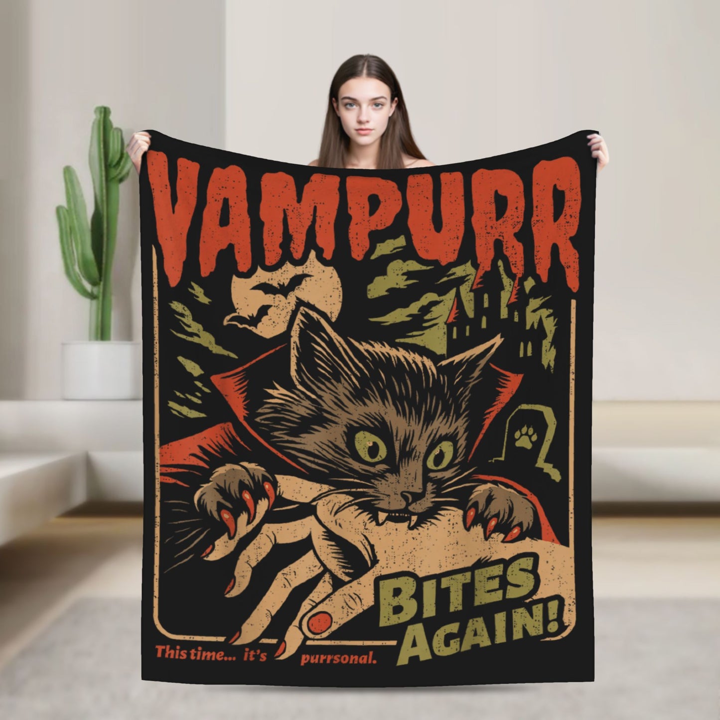 Funny Vampurr Vampire Cat Bites Again Flannel Blankets Halloween Awesome Throw Blanket for Quilt 200x150cm Soft