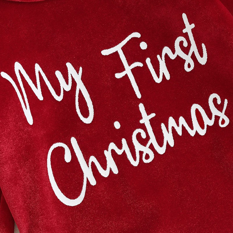 Infant Baby Girl Christmas Jumpsuit Outfits Letter Print Long Sleeve Romper Flare Pants Hat Toddler Clothes 0-18M